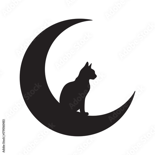 Silhouette of cat sitting peacefully on a crescent moon