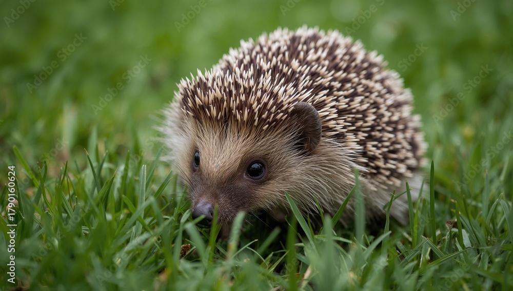 Fototapeta premium Close-up of a hedgehog in grass, exploring its environment, wildlife observation
