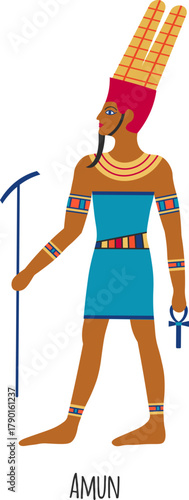 Amun, ancient Egyptian god, holding staff and ankh symbol
