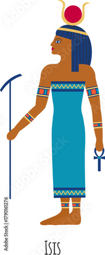 Isis ancient Egyptian goddess standing with attributes