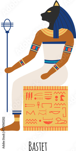 Ancient egyptian goddess Bastet sitting holding scepter