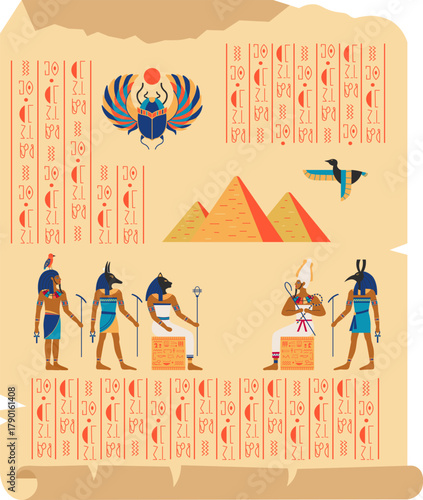 Ancient Egyptian gods and symbols on papyrus scroll