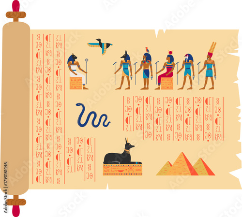 Ancient Egyptian papyrus scroll with gods and hieroglyphs
