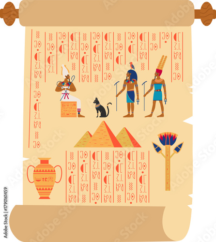 Ancient Egypt papyrus scroll with hieroglyphs and gods