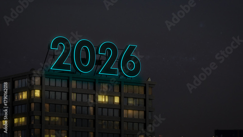 Glowing 2026 Neon Sign Above City Skyline