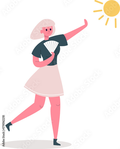 Woman shielding face from sun wearing skirt