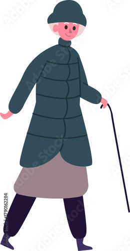 Senior woman walking with cane wearing winter clothes