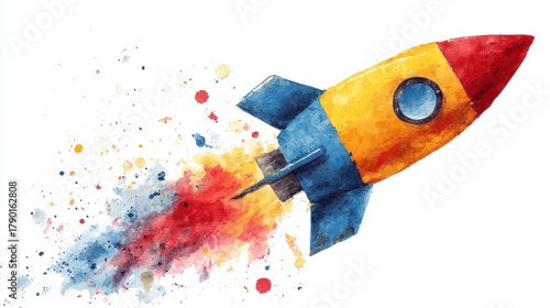 A colorful rocket launches into space, illustrated with splashes of vibrant paint, symbolizing adventure and exploration.