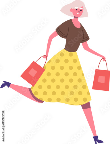 Senior woman running holding shopping bags