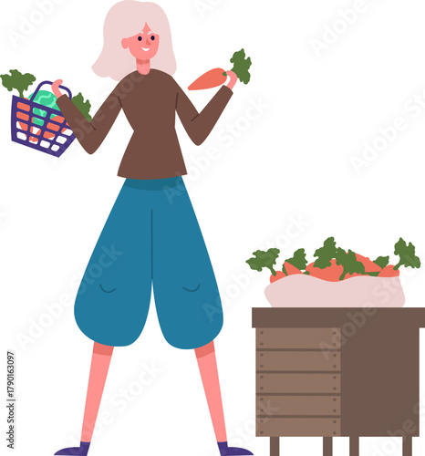 Woman holding carrots buying fresh produce at market