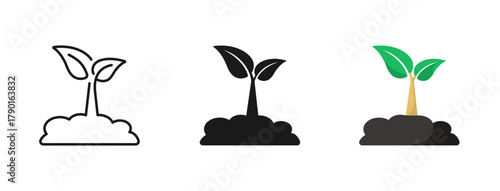 Green sprout icon set. Green sprout plant growing in soil with leaves. Line, glyph and flat style. Gardening, new life, ecology and nature concept. Seedling icon vector illustration