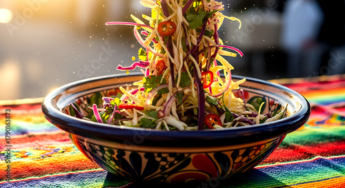 Vibrant and colorful street food style. Mexican ensalada de repollo with lime juice and chili, being tossed in a colorful ceramic bowl