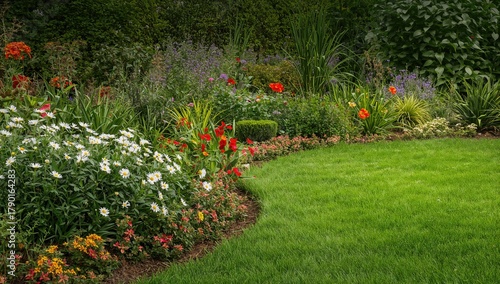 A vibrant summer landscape featuring lush green grass and colorful flowers, showcasing seasonal beauty