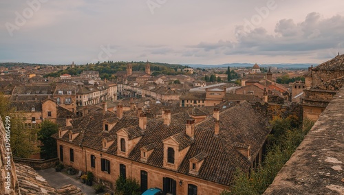 View of a Spanish town from historic city walls, showcasing older and newer architecture, urban density