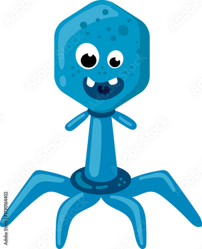 Cartoon bacteriophage character exploring microbiology and science concepts