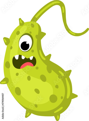 Cartoon green germ character representing disease and infection