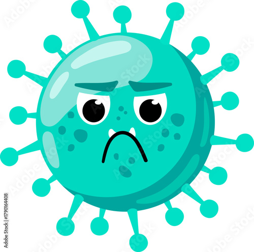 Cartoon virus particle with a sad grumpy face