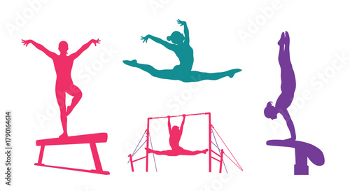 Gymnastics silhouettes depicting balance beam uneven bars and dynamic floor routines