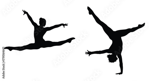 Silhouettes of gymnasts performing dynamic splits and handstand poses