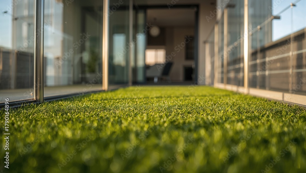 Naklejka premium Terrace featuring a glass wall, artificial grass flooring, and painted iron railing in a home, summer home relaxation