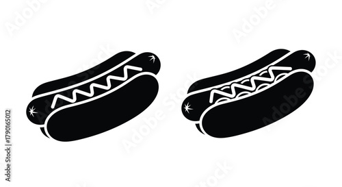 Simple black and white illustration of two hot dogs with wavy lines