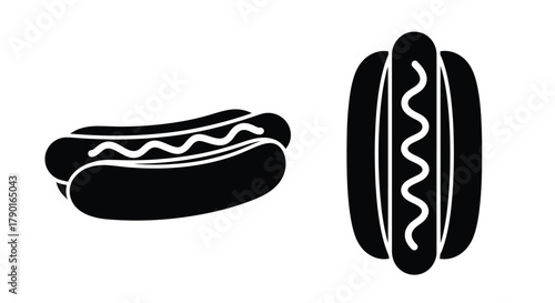 Simple black and white illustration of two hot dogs with wavy toppings