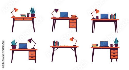 Six colorful illustrations of minimalist desks with laptops and plants