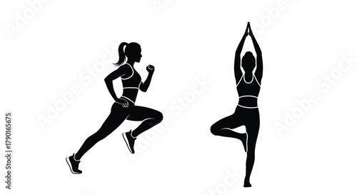 Silhouette of a woman running and another in a yoga tree pose
