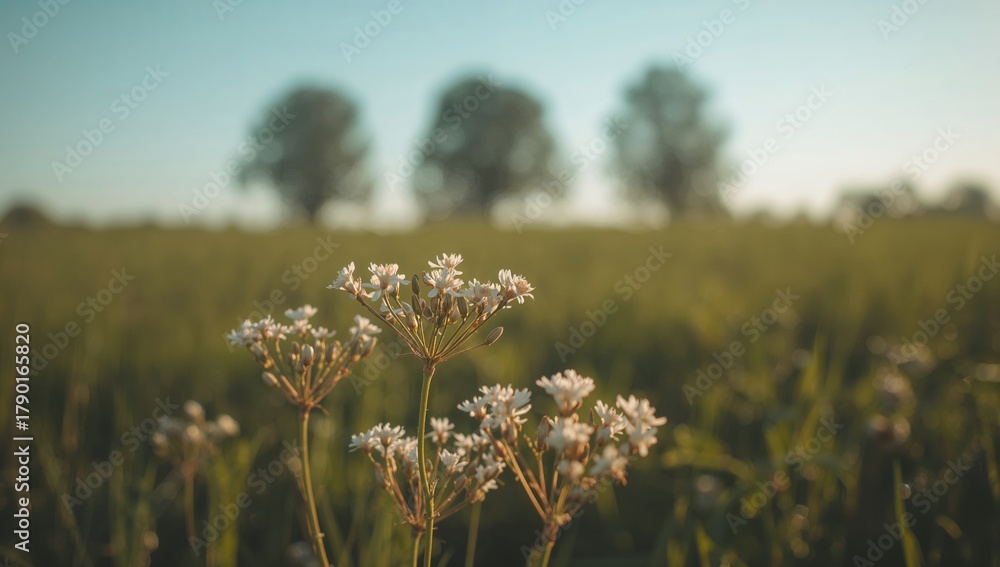 Naklejka premium White flowers blooming in a meadow, seasonal change