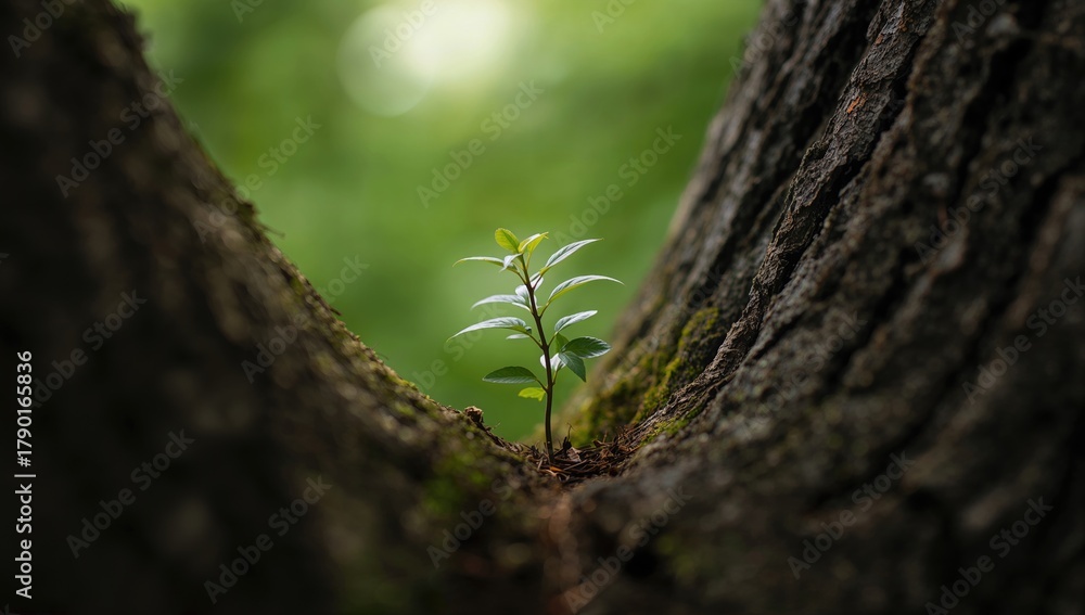 Fototapeta premium Young tree sapling emerging from the trunk of a larger tree with a soft green backdrop, symbolizing new growth