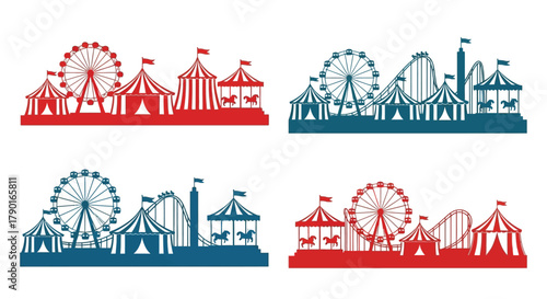Colorful amusement park silhouettes showcase ferris wheels tents and roller coasters