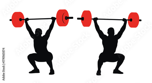 Two silhouettes performing overhead presses with a barbell and weight plates