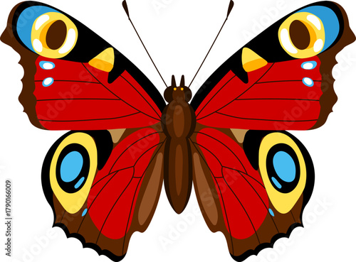 Colorful peacock butterfly with vibrant wings flying