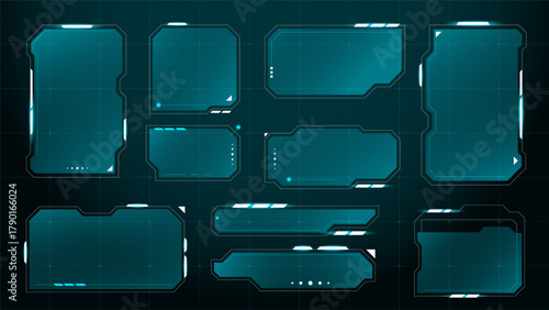 Futuristic HUD frame interface set. Cyber digital window elements with glowing blue neon design for sci-fi games, UI, and technology concepts.