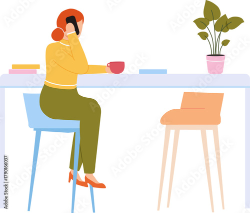 Woman talking on smartphone enjoying coffee break