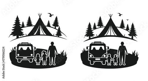 Camping scene with a family vehicle and teepees in a woodland setting