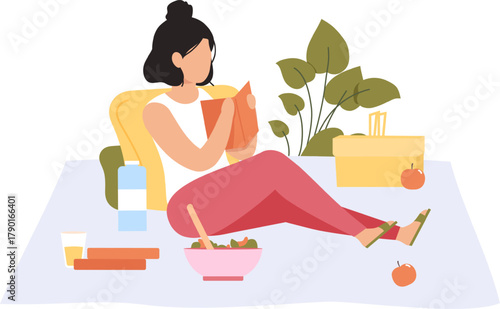 Woman enjoying leisure time reading book, eating healthy