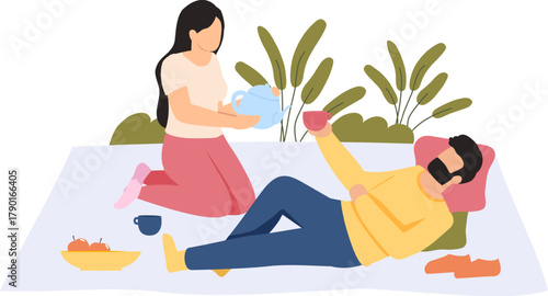 Woman pouring tea for man relaxing outdoors