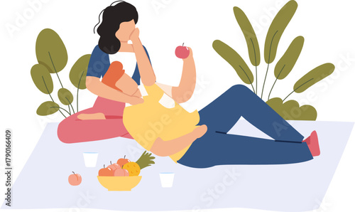 Couple enjoying picnic outdoors eating healthy fruit