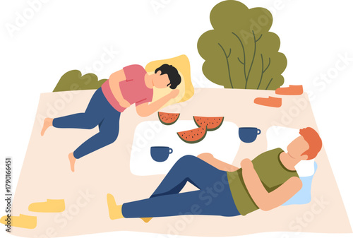 People sleeping outdoors on picnic blanket relaxing