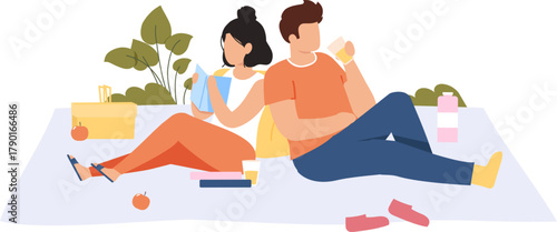 Couple relaxing during outdoor picnic reading book and drinking