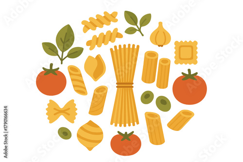 Assortment of Italian Pasta Ingredients Arranged in Circle