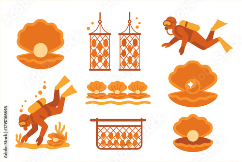 Stylized icons for oyster farming and pearl diving in an underwater setting