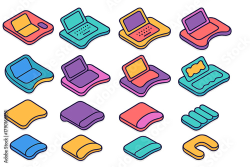Isometric colorful laptop lap desk and pillow set icons