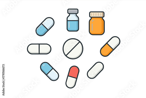 Colorful assortment of pharmaceutical pills capsules and medicine bottles icons