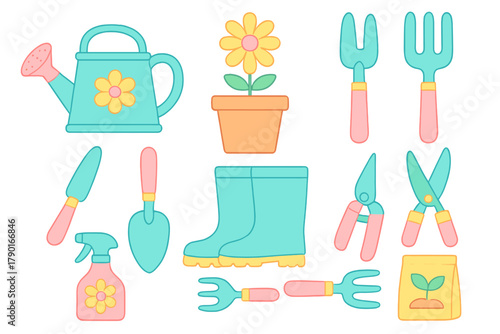 Colorful assortment of essential gardening tools and supplies icons