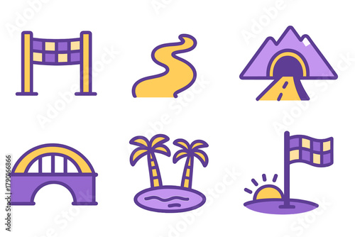 Set of travel and destination icons including finish line, bridge, and island