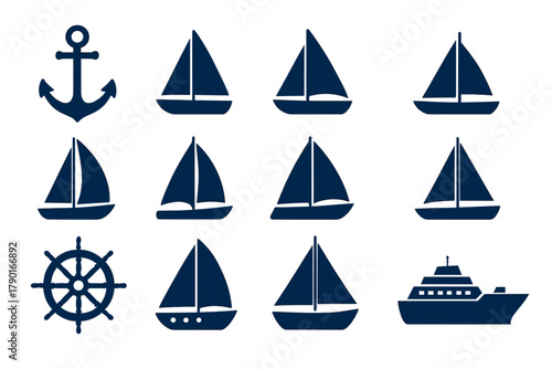 Collection of dark blue nautical icons including sailboats, anchor, and ship wheel