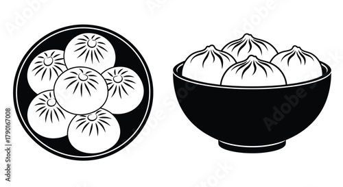 Black and white illustration of dumplings in bowls a culinary delight