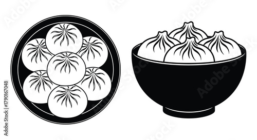 Illustration of asian dumplings in black and white served in traditional bowls